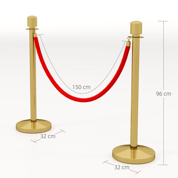Conjunto de 2 Postes Separadores em Aço Inoxidável com Corda de Veludo Vermelho de 1,5 m e Base Preenchível Dourado