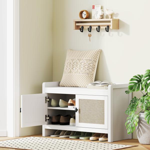 Banco Sapateira com Portas Frentes de Vime Prateleira para 8 Pares de Sapatos para Entrada Dormitório 80x35x52 cm Branco