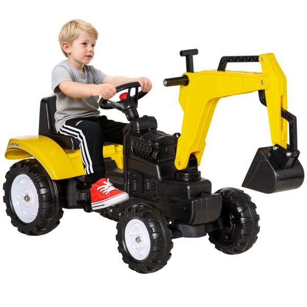 Trator a Pedais para Crianças Escavadora para Crianças com Pá Dianteira e Buzina Trator Infantil 107x42x71 cm Amarelo