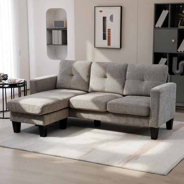 Sofá Chaise Longue Sofá em Forma de L Estofado em Poliéster Sofá de Canto Reversível 186x130x84 cm Marrom Acizentado