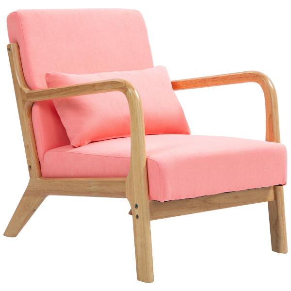 Poltrona Sala de Estar Nórdica Acolchoada com Apoio para os Braços e Estrutura de Madeira de Borracha 61x78x76 cm Rosa