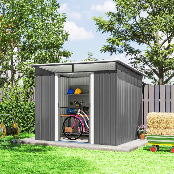Abrigo de Jardim 4,5 m² 260x194x200 cm Abrigo Exterior Metálico com 2 Portas Deslizantes para Armazenamento de Ferramentas Cinza