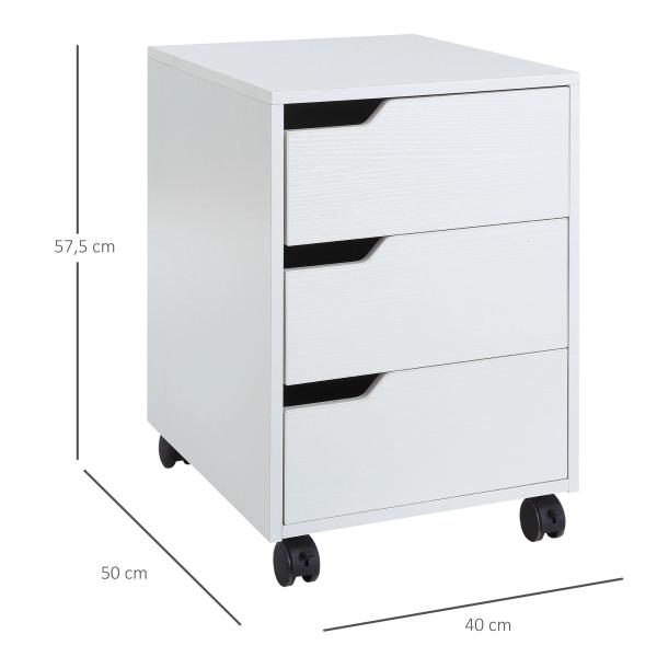 Bloco de Gavetas para Escritório Móvel de Escritório Bloco de Gavetas com 3 Gavetas e 4 Rodas 40x50x57,5 cm Branco