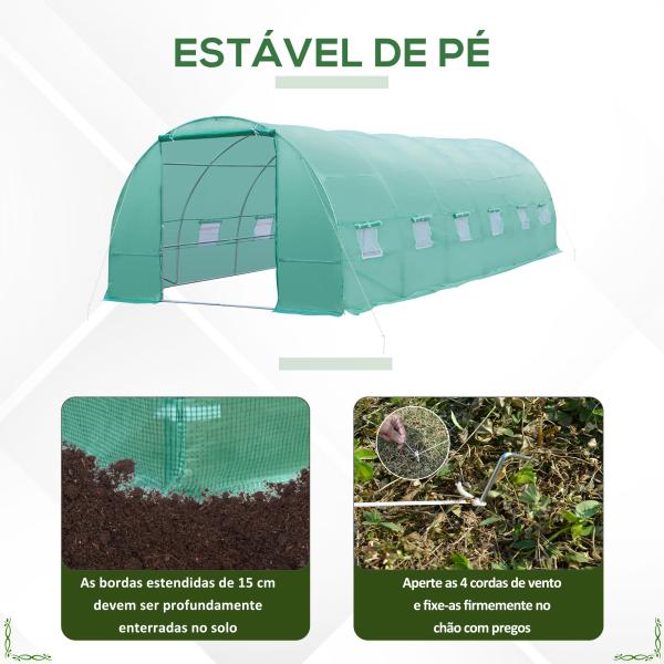 Estufa tipo Túnel 8x3x2m Aço e PE 140 g/m² Estufa para Cultivo de Plantas Tomates Verduras com 12 Janelas e Porta Enroláveis Verde