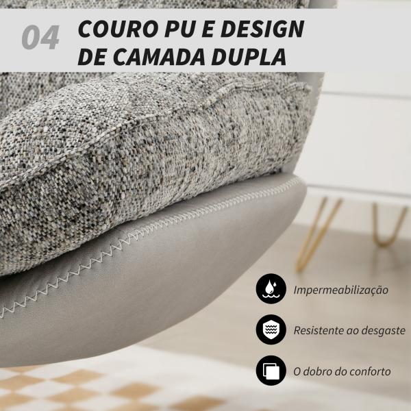 Poltrona Giratória Moderna com Base Cruzada Estofada em Chenille e Couro PU Assento Largo Duplo Pernas de Aço 78x95x99 cm Cinza