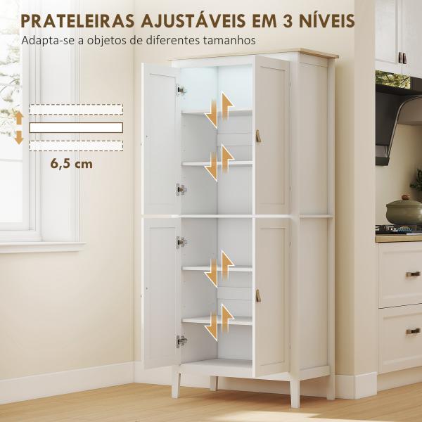 Armário de Cozinha com Luz LED Sensor de Movimento Móvel Auxiliar de Cozinha com Iluminação Regulável em 3 Cores 4 Portas e Prateleiras Ajustáveis 80x40x176,5 cm Branco