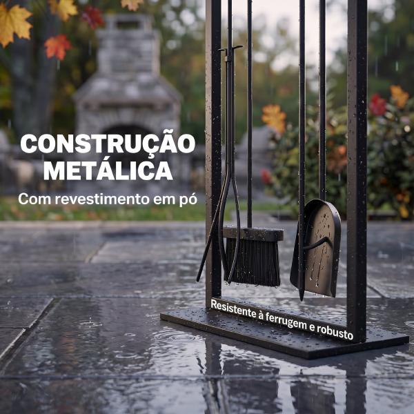 Conjunto de Utensílios para Lareira de 5 Peças em Metal com Escova, Pá, Atiçador, Pinça e Suporte, Preto
