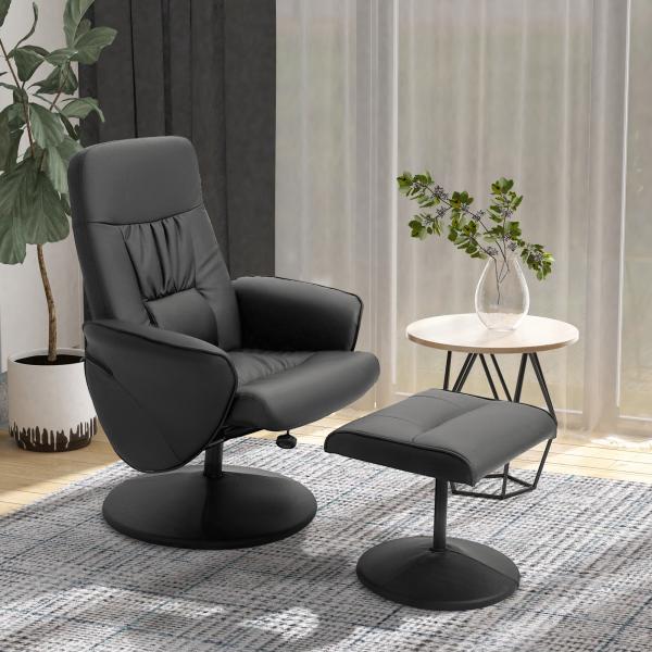 Poltrona Relax com Apoio para os Pés Estofada em PU Poltrona Relax Reclinável até 145° e Giratório 360° com Encosto Ajustável para Sala de Estar Dormitório Escritório 81x81x105cm Preto