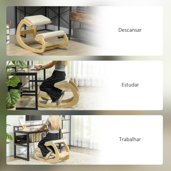 Cadeira Ergonómica de Joelhos com Almofadas Acolchoadas Estrutura de Madeira para Melhor Postura Escritório 55x85x55 cm Creme
