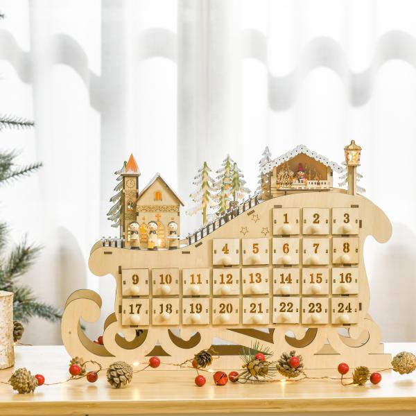 Calendário de Advento de Natal com Luzes LED e 24 Gavetas Decoração de Natal Modelo de Trenó 45x10x31cm Madeira Natural