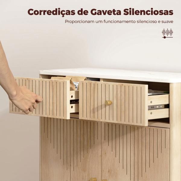 Aparador com 2 Portas e 2 Gavetas, Aparador Moderno para Sala com Prateleira Ajustável e Tampo Efeito Mármore, 77x30x80 cm, Carvalho