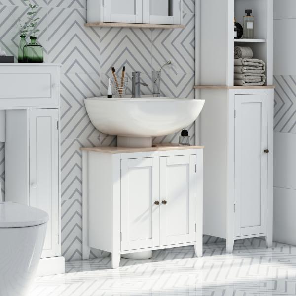Móvel para Lavatório Pousar com 2 Portas e Prateleira Ajustável Estilo Moderno 60x30x60cm Branco e Madeira