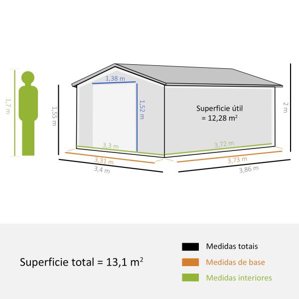 Abrigo de Jardim Metálico 340x386x200cm Abrigo de Exterior para Armazenamento de Ferramentas com Base Incluida 4 Janelas de Ventilação e Porta Corredeira Cinza