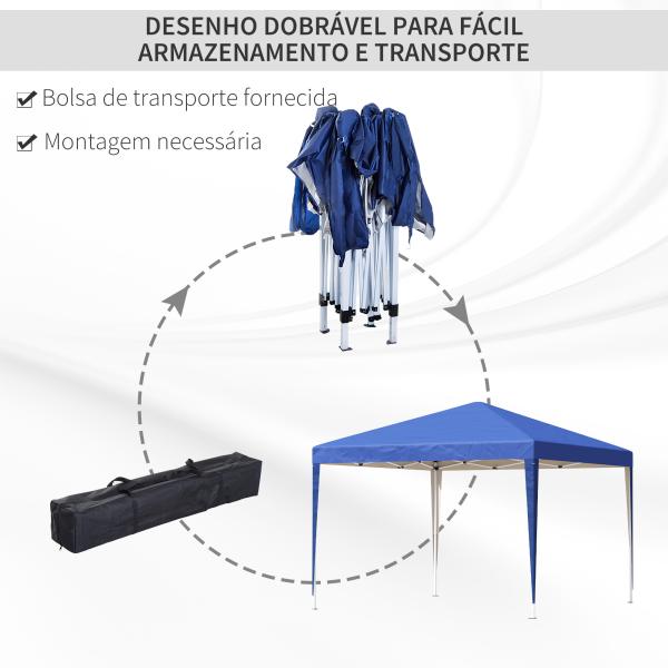 Tenda Dobrável 295x295x255 cm com Bolsa de Transporte Altura Ajustável Anti - UV para Terraço Pátio Azul