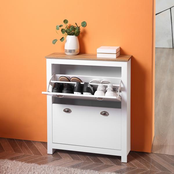 Sapateira Estreita de Entrada com 2 Gavetas Abatíveis Prateleiras Ajustáveis para 12 Pares de Sapatos 79x23x90,5 cm Branco