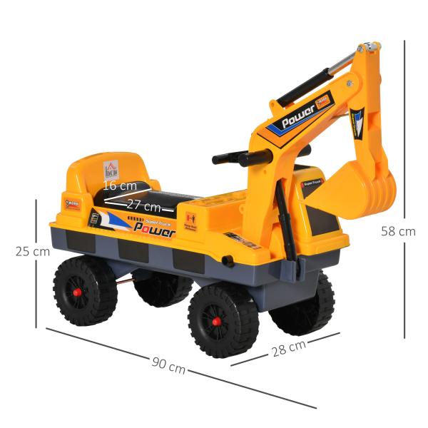 Escavadora Infantil sem Pedais para Crianças de 2 - 3 anos Carro Andador com Pá Pinça de Agarrar Luzes Música e Armazenamento Oculto 90x28x58cm Amarelo