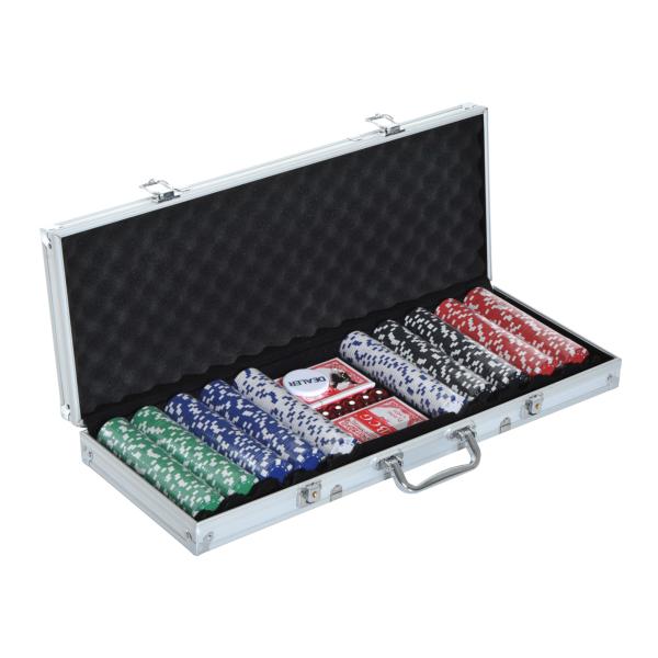 Mala de Poker Profissional com 500 Fichas Jogo de Poker com Mala de Alumínio 5 Dados 2 Baralhos de Cartas e 1 Ficha de Dealer 55,5x22x6,5cm Multicor