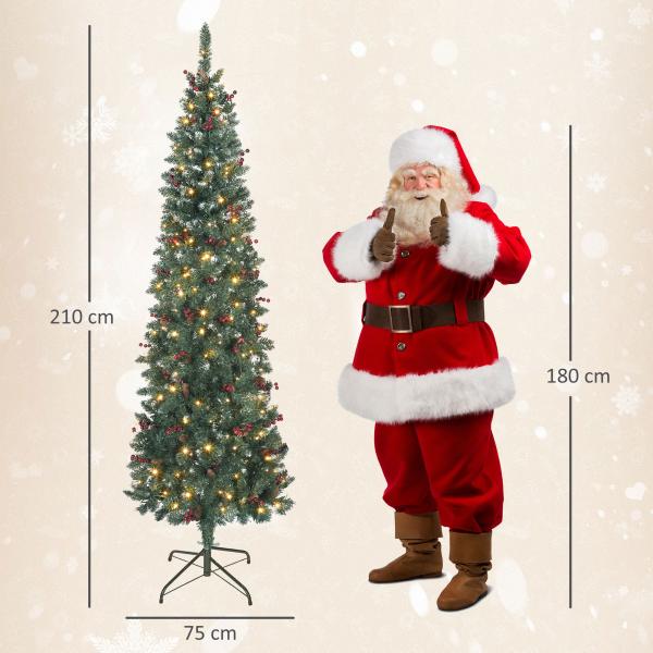 Árvore de Natal Slim 210 cm com Luzes LED 8 Modos de Iluminação 656 Ramos com Purpurina Prateada Pinhas e Bagas Verde