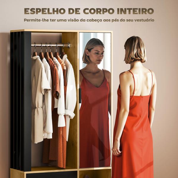 Roupeiro com Espelho e Porta Barra para Pendurar 2 Compartimentos Abertos Estilo Moderno 80x30x170 cm Madeira e Preto