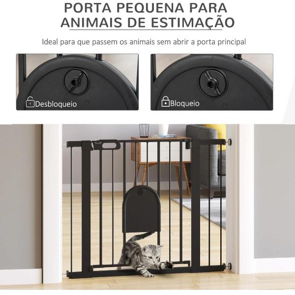 Barreira de Segurança de Cães Animais de Estimação para Escadas e Portas 75 - 103cm com 2 Extensões Fechamento Automático e Sistema de Duplo Bloqueio Aço Preto