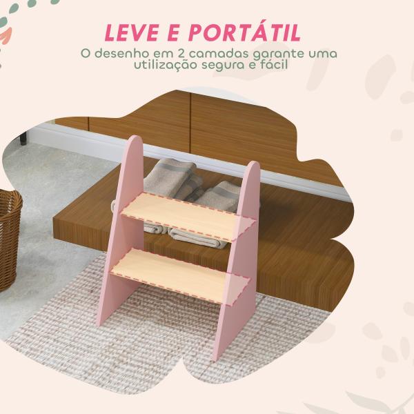 Banco para Crianças de 2 Degraus Torre de Aprendizagem Escada para Crianças acima de 3 Anos para Casa de Banho Cozinha 43x30x55 cm Rosa