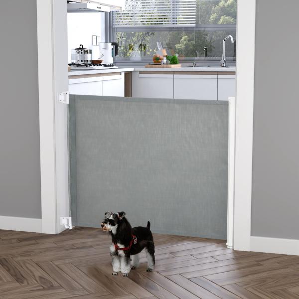 Barreira de Segurança para Cães Extensível Grade Retrátil para Animais de Estimação com Extensão Aço e Tecido de Textilene para Escadas e Portas 5,5 - 115x5,5x82,5cm Cinza