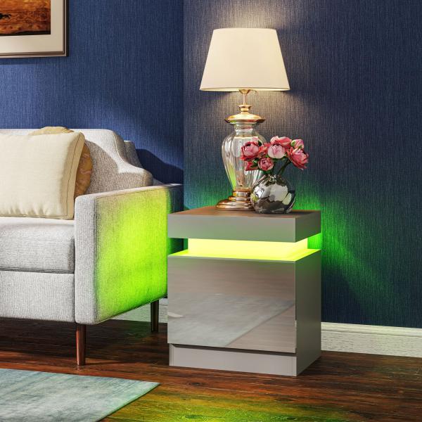 Mesa de Cabeceira com Luz LED Painel de Alto Brilho 2 Gavetas e Controlo Remoto para Dormitório 45x35x52 cm Cinzento