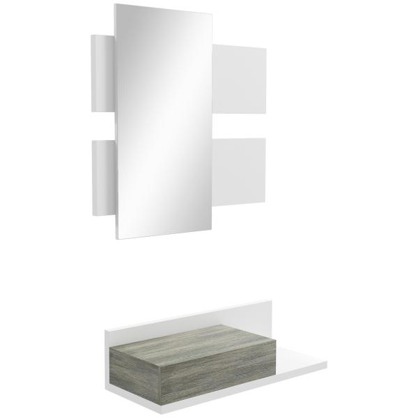 Conjunto de Móveis de Entrada com Espelho e Gaveta Móvel de Entrada Suspenso Estilo Moderno 75x3,5x75 cm e 75x30,5x20 cm Branco e Cinza