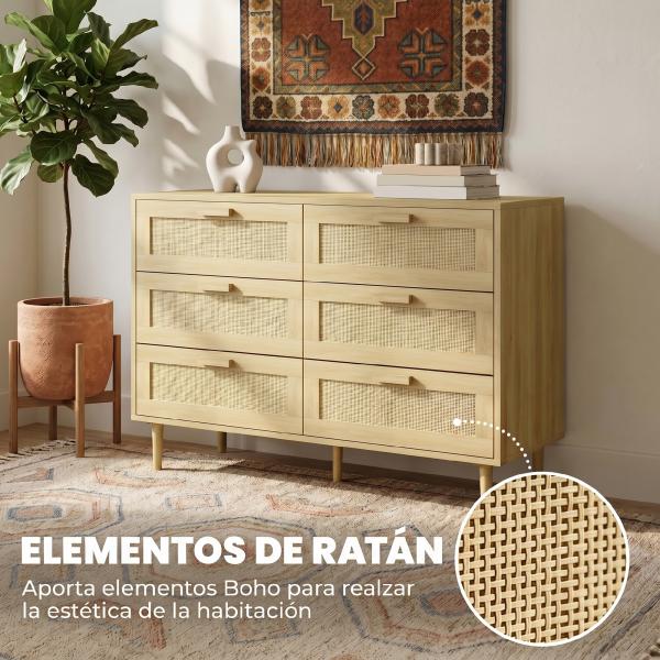 Cómoda para Quarto com 6 Gavetas e Frontal de Vime Pés de Madeira Estilo Bohemio 110x40x75 cm Madeira