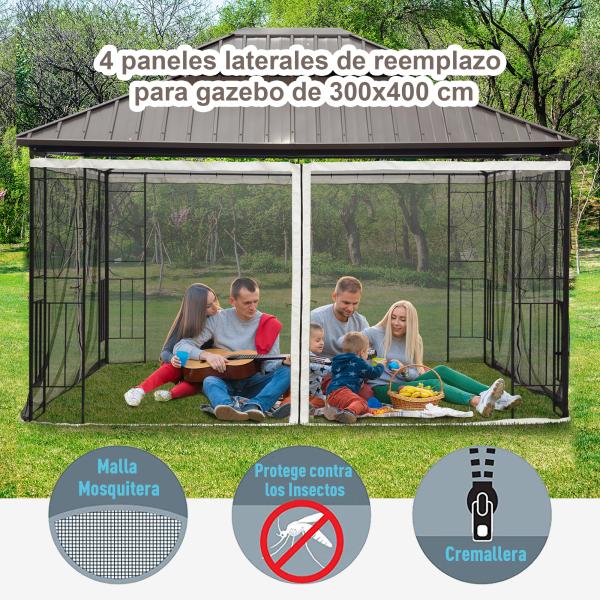 4 Painéis Laterais 352x207 cm para pérgola de Jardim Mosquiteira com Zíperes e Anéis Preto