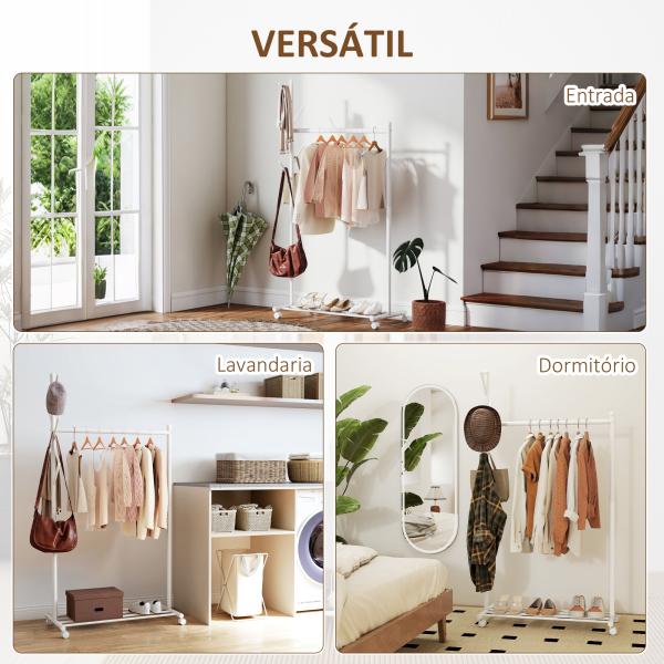 Charriot com Rodas 5 Ganchos Barra para Pendurar e Prateleira Inferior 86x43x171 cm Branco
