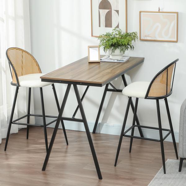 Conjunto de 2 Bancos de Bar Bancos Altos de Cozinha com Encosto de Vime Assento Estofado em Borrego 48x54x102 cm Creme