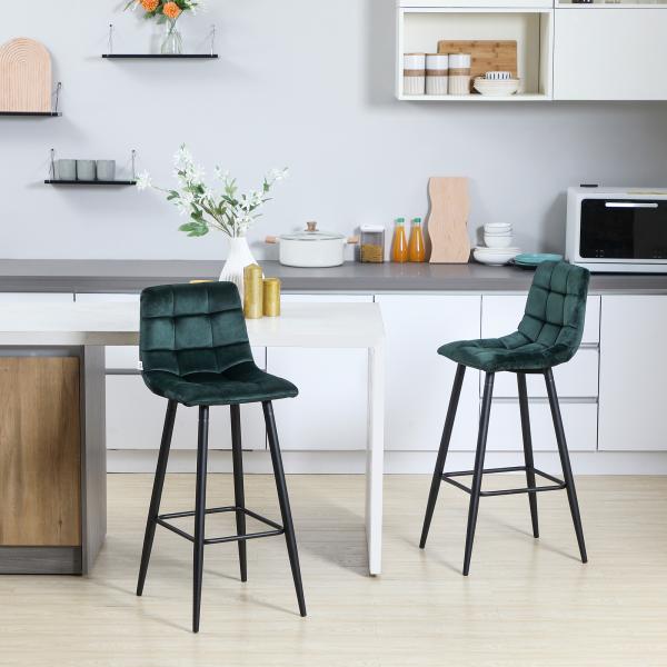 Conjunto de 2 Bancos Altos de Cozinha Bancos de Bar Estofados em Veludo com Apoio para os Pés e Encosto Verde