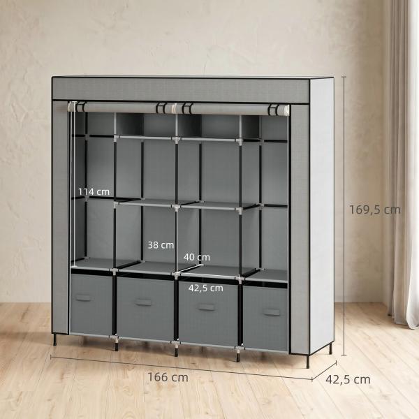 Roupeiro de Tecido com 10 Compartimentos 2 Trilhos Suspensos e 4 Gavetas de Tecido 166x42,5x169,5 cm Cinza Escuro