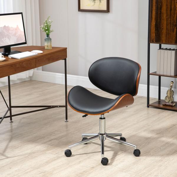 Cadeira de Escritório com Rodas Estofada em PU com Assento Largo e Curvado Altura Ajustável Preto