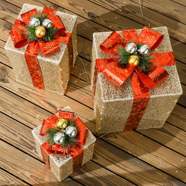 Conjunto de 3 Caixas de Presente de Natal com 58 LEDs Branco Quente Enfeites Luminosos para a Árvore de Natal Dourado