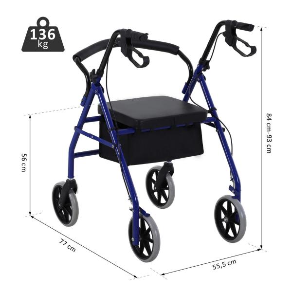 Andador para Adultos Dobrável com Armazenamento Assento e Travão 65x53x79 - 89cm Azul e Preto