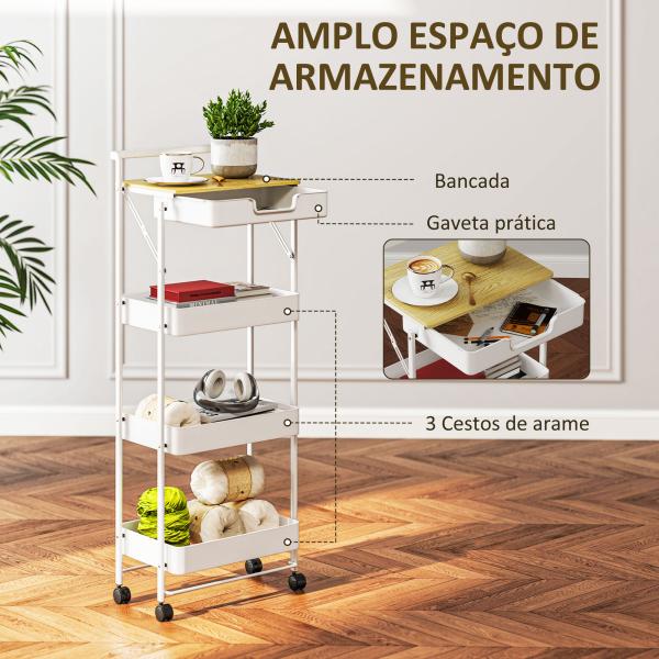 Carrinho Auxiliar com Rodas de 4 Níveis Carrinho de Cozinha com 1 Gaveta e 3 Cestos Carrinho Organizador 45x29,5x117,5 cm Branco