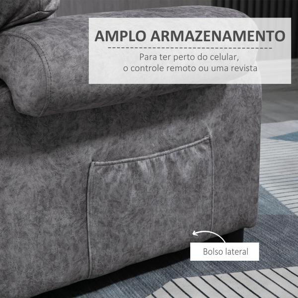 Poltrona Relax Reclinável com Apoio para os Pés Retrátil Encosto Alto Bolso Lateral Acolchoado Grosso 88x91x108 cm Cinzento