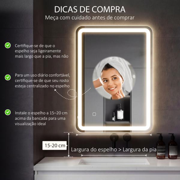 Espelho Casa de Banho com Luzes LED 60x80 cm Função Antiembaciamento 3 Temperaturas de Cor Ajustável e Função de Memória