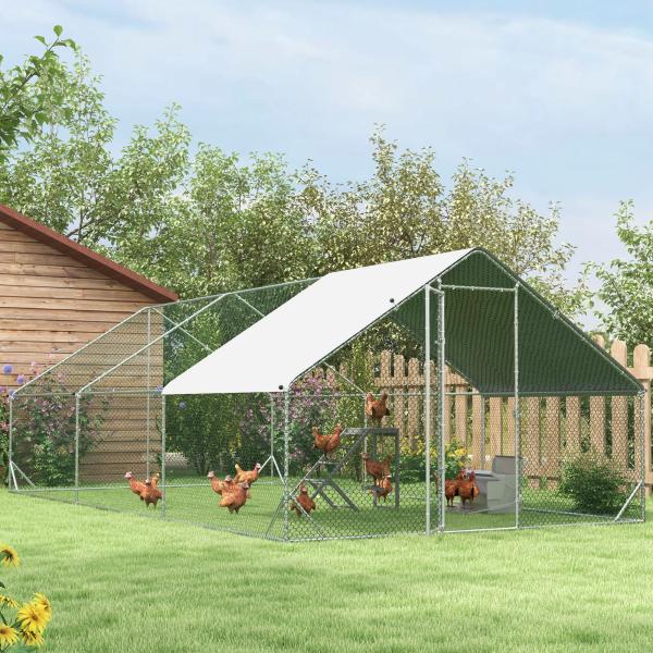 Galinheiro de Exterior Grande 3x6x2m Gaiola para 12 - 18 Galinhas de Aço Galvanizado com Teto de PE e Fechadura para Coelhos Prata