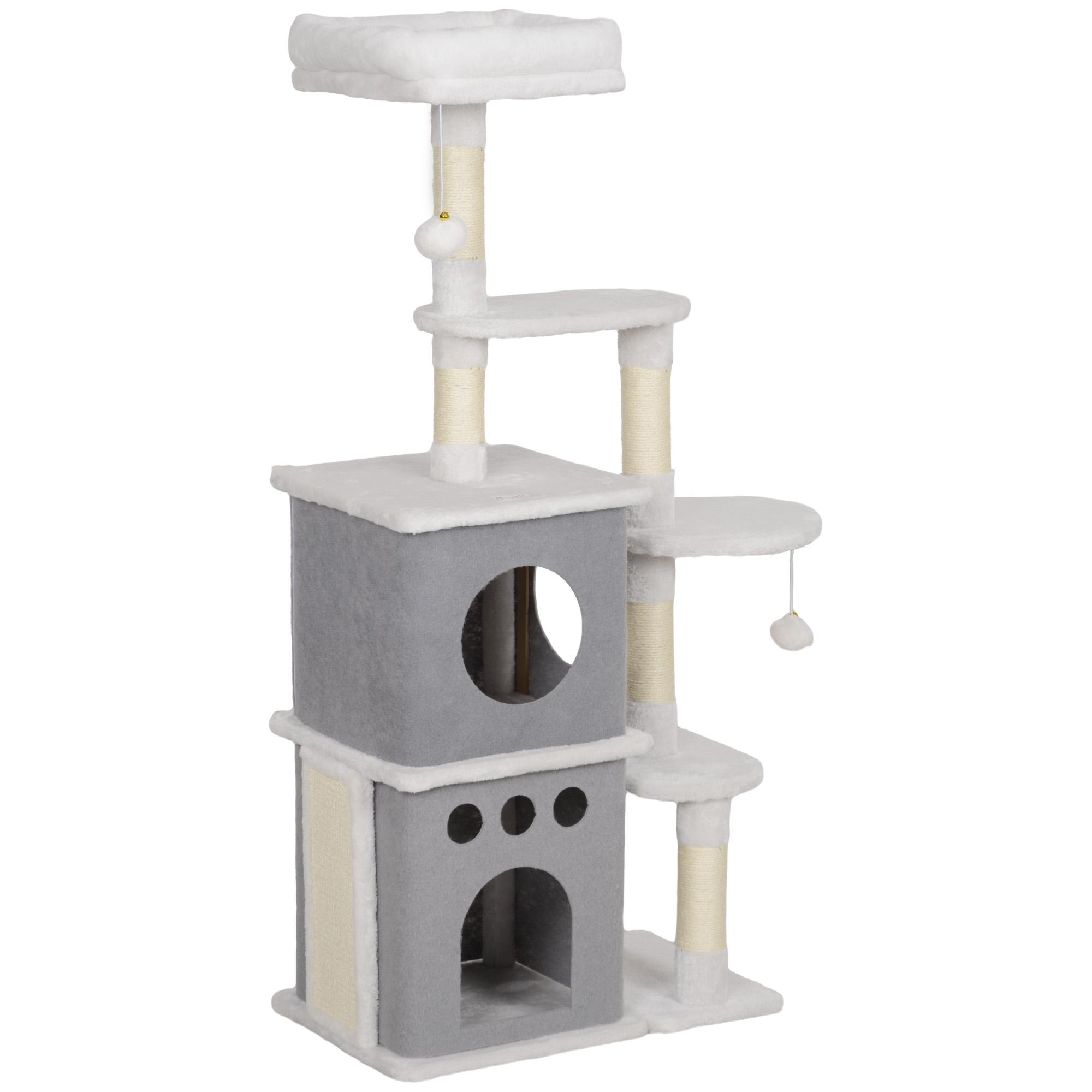 Arranhador para Gatos 126 cm com Caverna Plataformas Bolas Suspensas e Poste de Sisal 56x34x126 cm Cinza e Creme