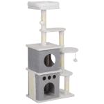 Arranhador para Gatos 126 cm com Caverna Plataformas Bolas Suspensas e Poste de Sisal 56x34x126 cm Cinza e Creme