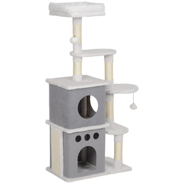 Arranhador para Gatos 126 cm com Caverna Plataformas Bolas Suspensas e Poste de Sisal 56x34x126 cm Cinza e Creme