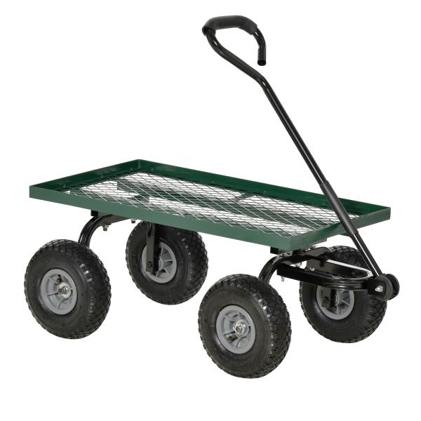 Carro de Transporte com Pega Revestida e 4 Rodas Grandes de Ø24 cm Carrinho de Jardim em Aço 94x48,5x100 cm Preto e Verde