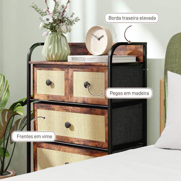 Cómoda de Tecido Cómoda para Dormitório com 5 Gavetas com Frente em Vime e Prateleira 58x29x99 cm Marrom Rústico
