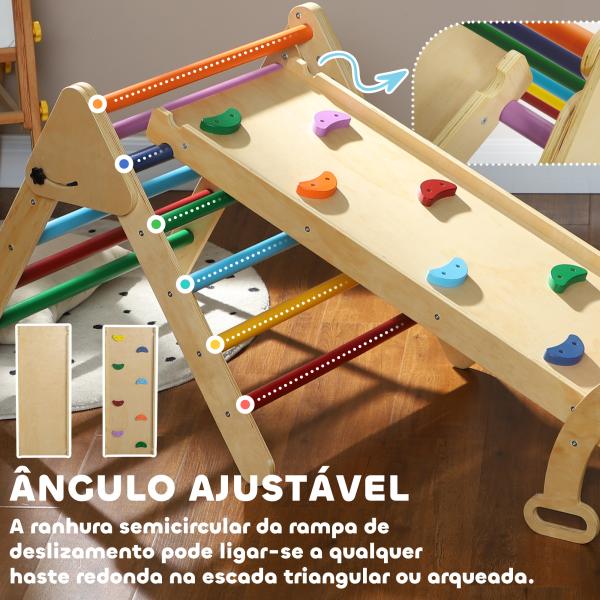 Triângulo de Escalada de Madeira 5 em 1 Escada para Crianças de 18 - 48 Meses com Rampa e Arco de Escalada 178x64,5x63 cm Multicor
