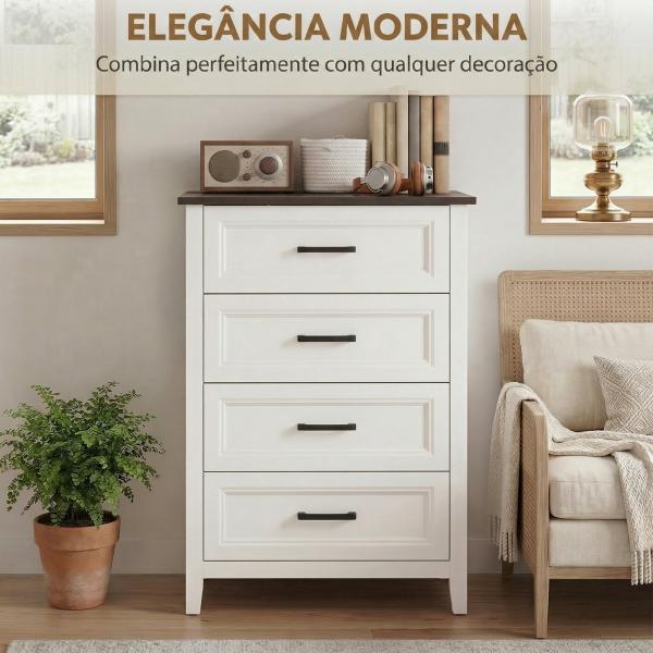 Cómoda 4 Gavetas Cómoda de Dormitório Estreita e Alta com Bancada com Efeito Madeira 60x35x87 cm Branco