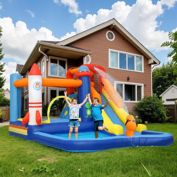 Castelo Insuflável com Insuflador 5 em 1 com Escorrega Piscina Parede de Escalada e Canhão de Água 360x250x195 cm Multicor