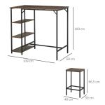 Conjunto de mesa de bar e 2 bancos com apoio para os pés e prateleiras de 3 níveis 109x60x100 cm marrom rústico
